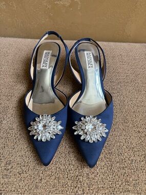 Badgley Mischka Navy Blue Satin Slingback Heels with Crystal Brooch